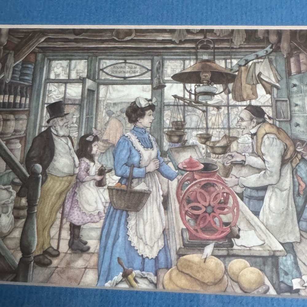 Anton Pieck Framed Art Print Dutch Bakery Scene Faux‎ Bamboo Wood Frame Blue Mat